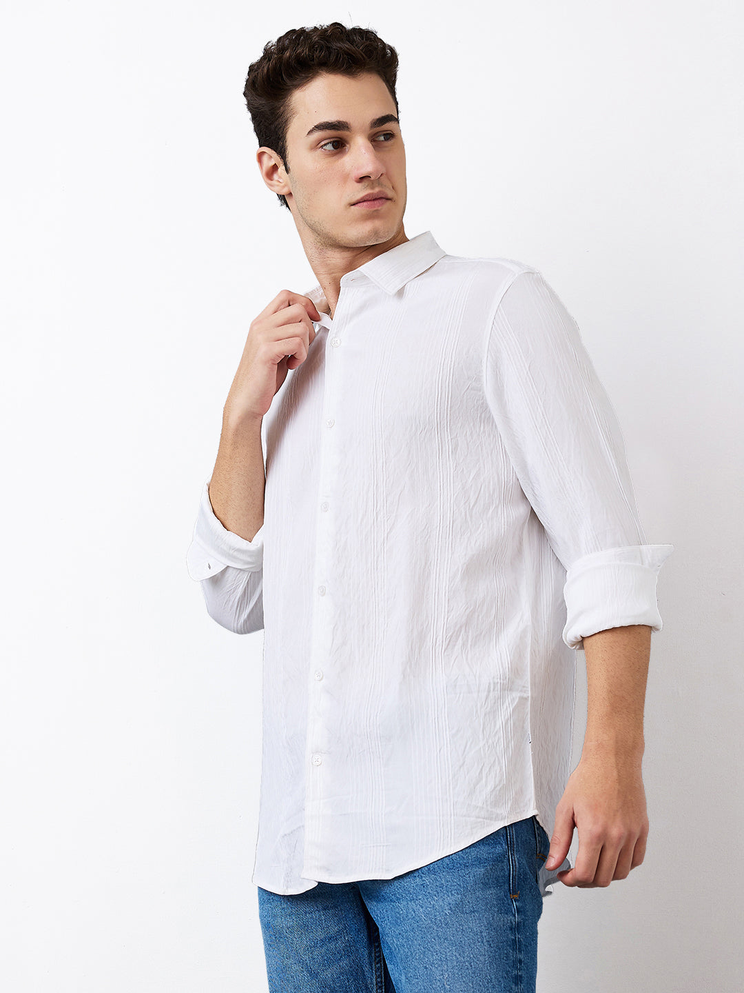 Spykar White Slim Fit Solid Full Sleeve Shirt For Men