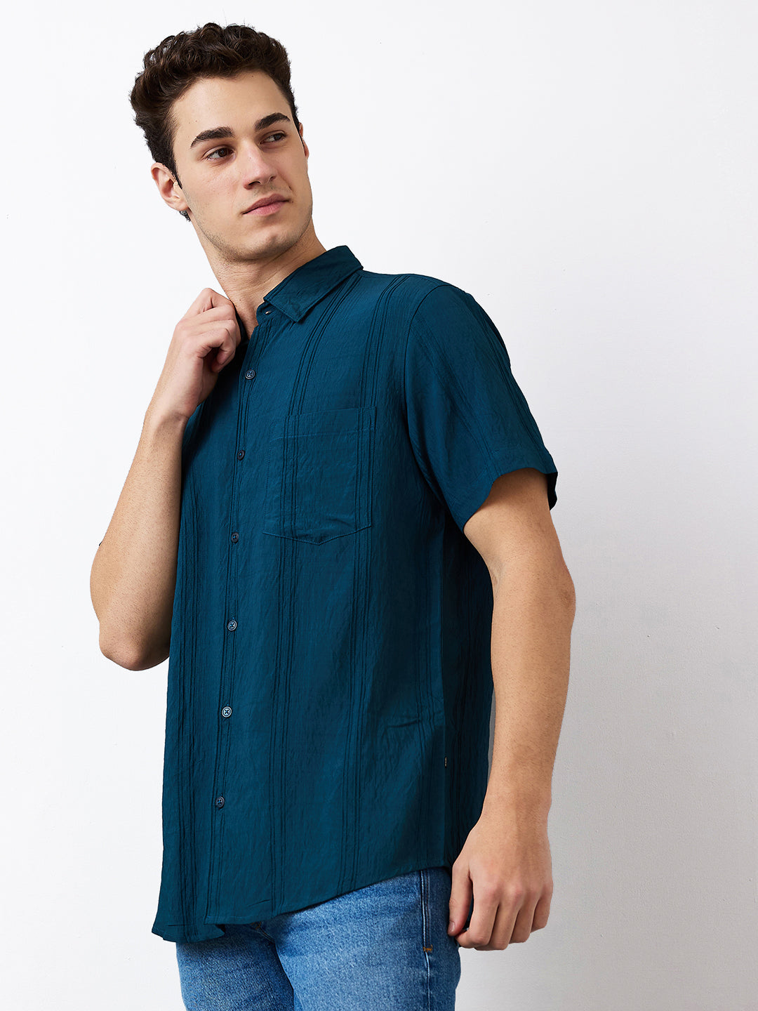 Spykar Blue Slim Fit Solid Half Sleeve Shirt For Men
