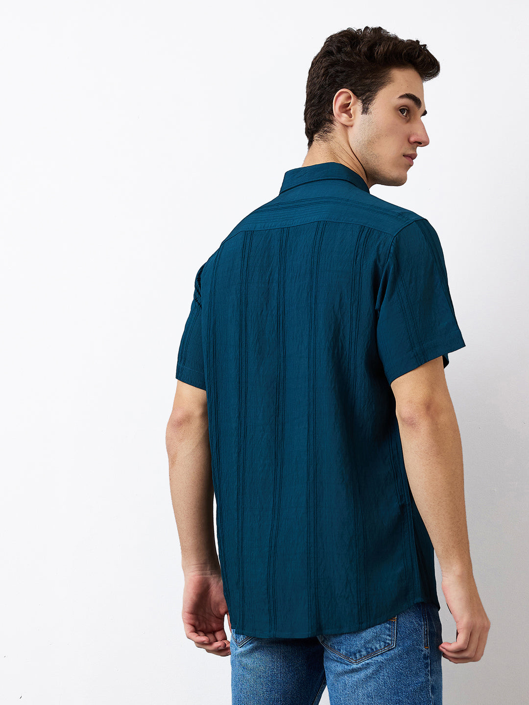 Spykar Blue Slim Fit Solid Half Sleeve Shirt For Men