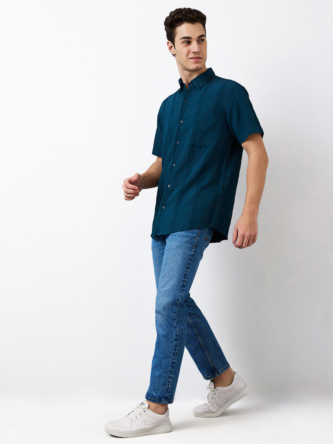 Spykar Blue Slim Fit Solid Half Sleeve Shirt For Men