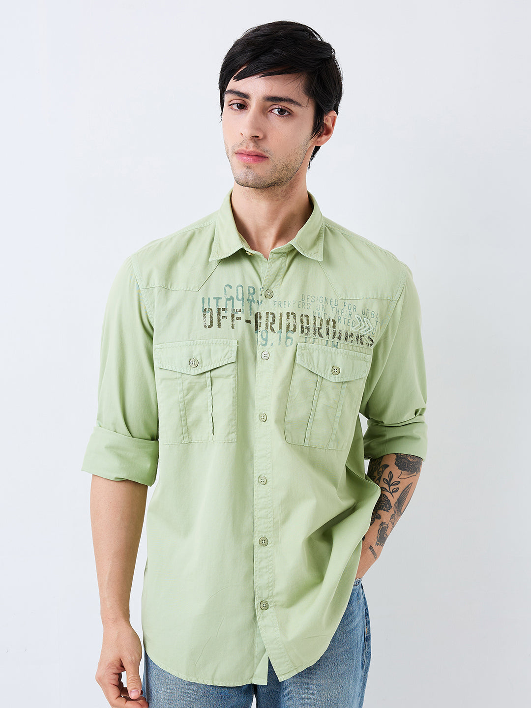 Spykar Green Slim Fit Solid Full Sleeve Shirt For Men