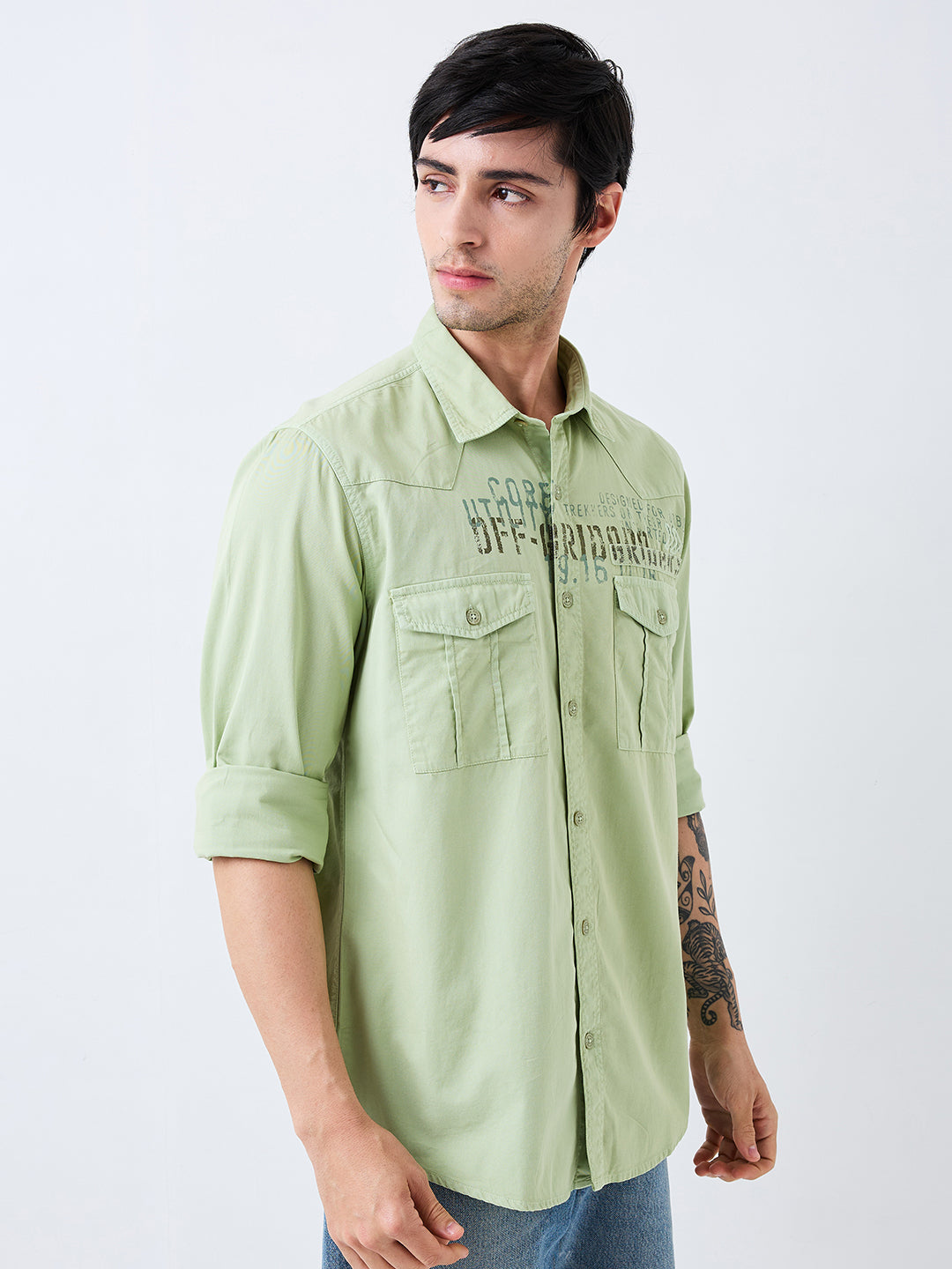 Spykar Green Slim Fit Solid Full Sleeve Shirt For Men