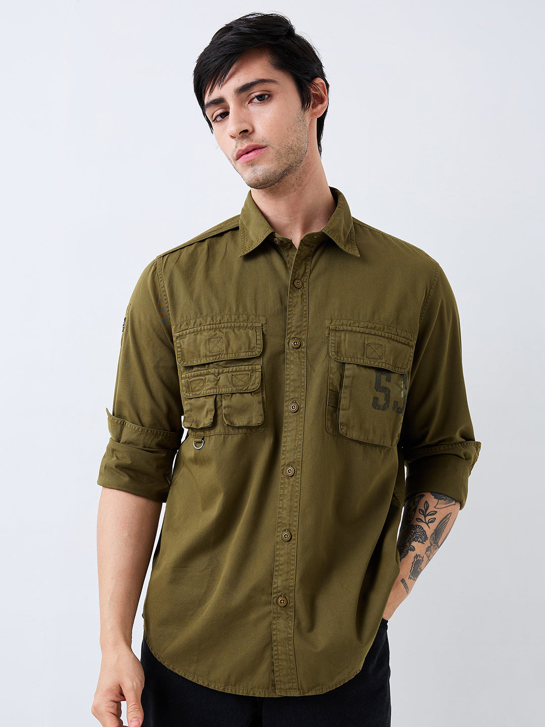 Spykar Green Slim Fit Solid Full Sleeve Shirt For Men