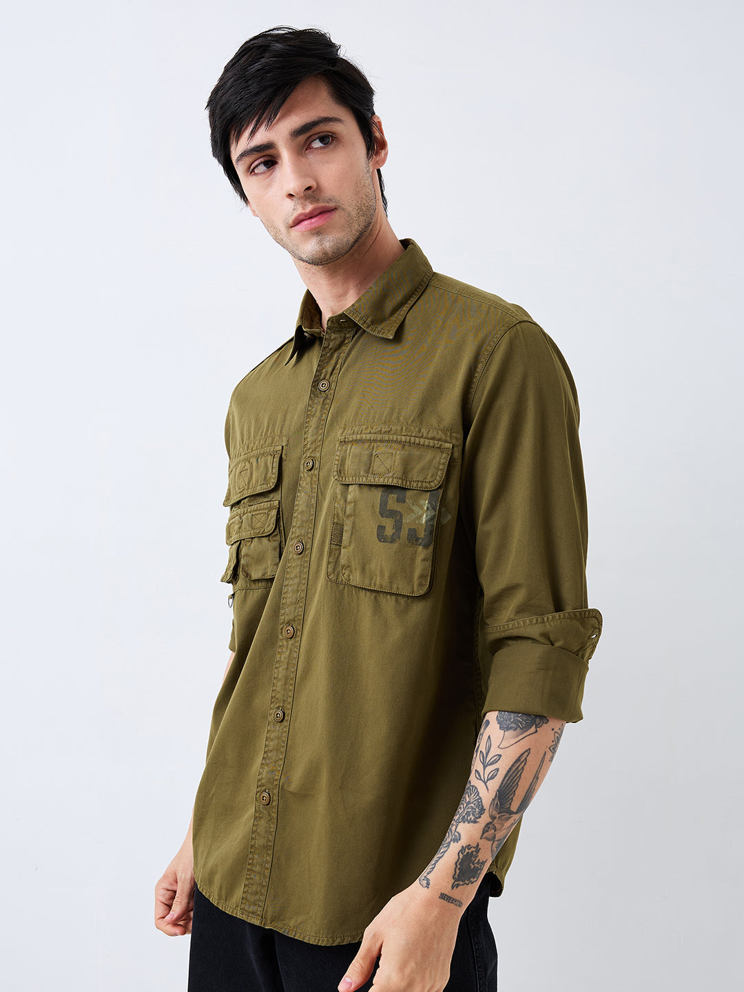 Spykar Green Slim Fit Solid Full Sleeve Shirt For Men