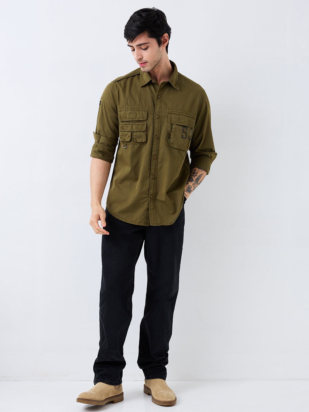 Spykar Green Slim Fit Solid Full Sleeve Shirt For Men