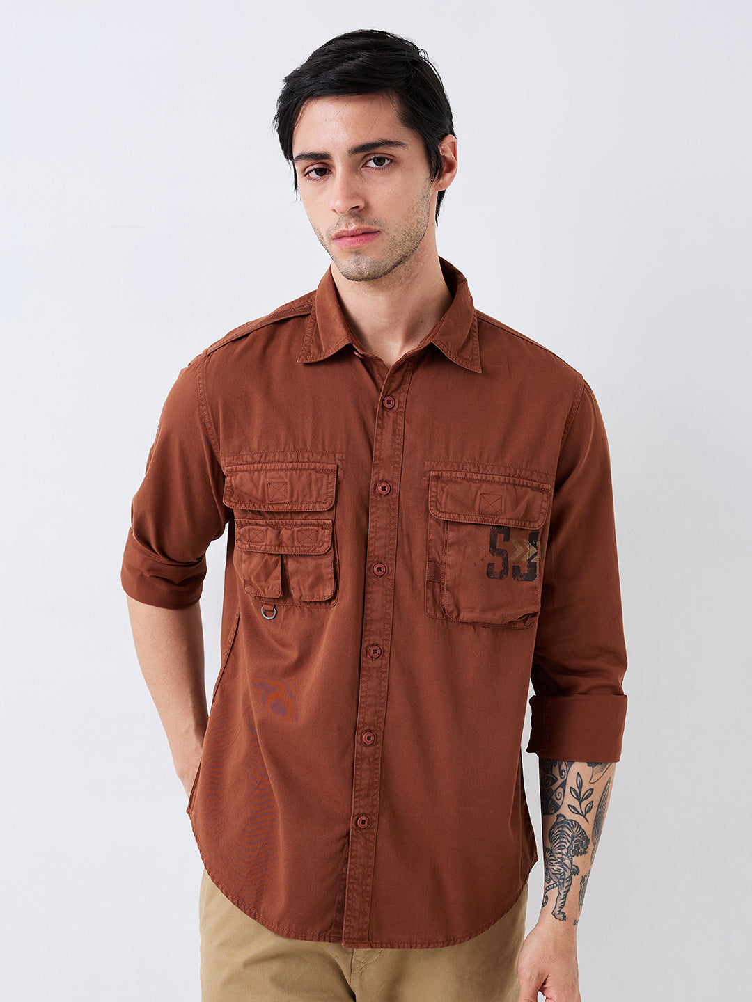 Spykar Brown Slim Fit Solid Full Sleeve Shirt For Men