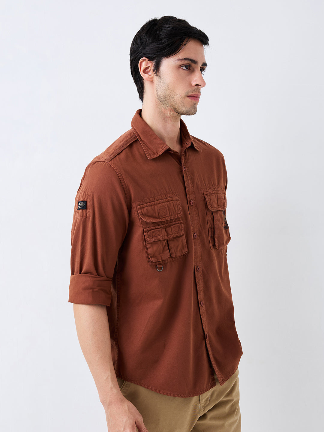 Spykar Brown Slim Fit Solid Full Sleeve Shirt For Men