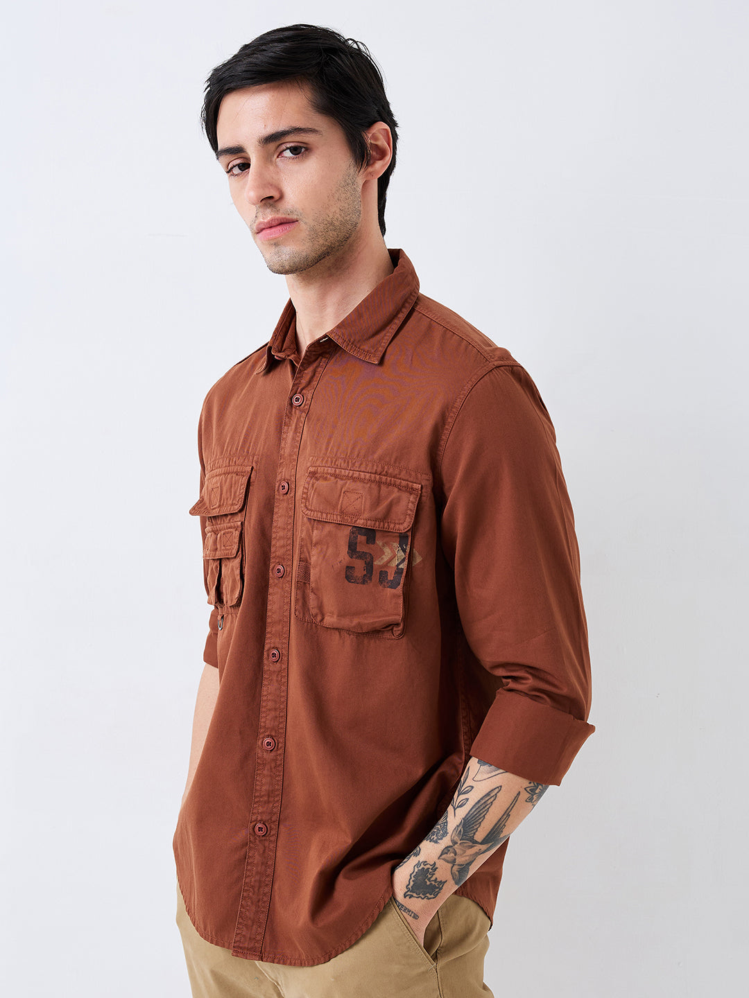 Spykar Brown Slim Fit Solid Full Sleeve Shirt For Men