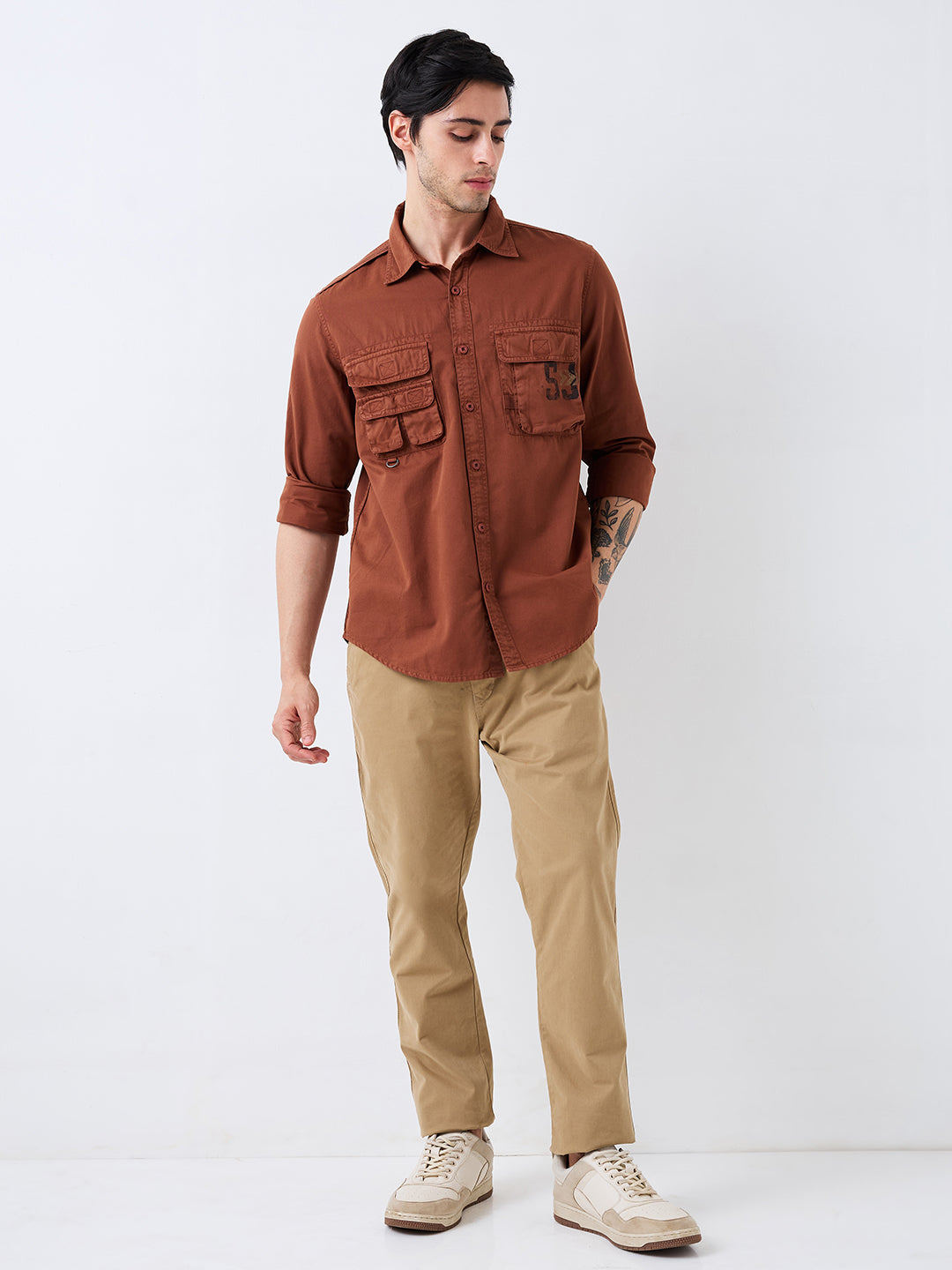 Spykar Brown Slim Fit Solid Full Sleeve Shirt For Men