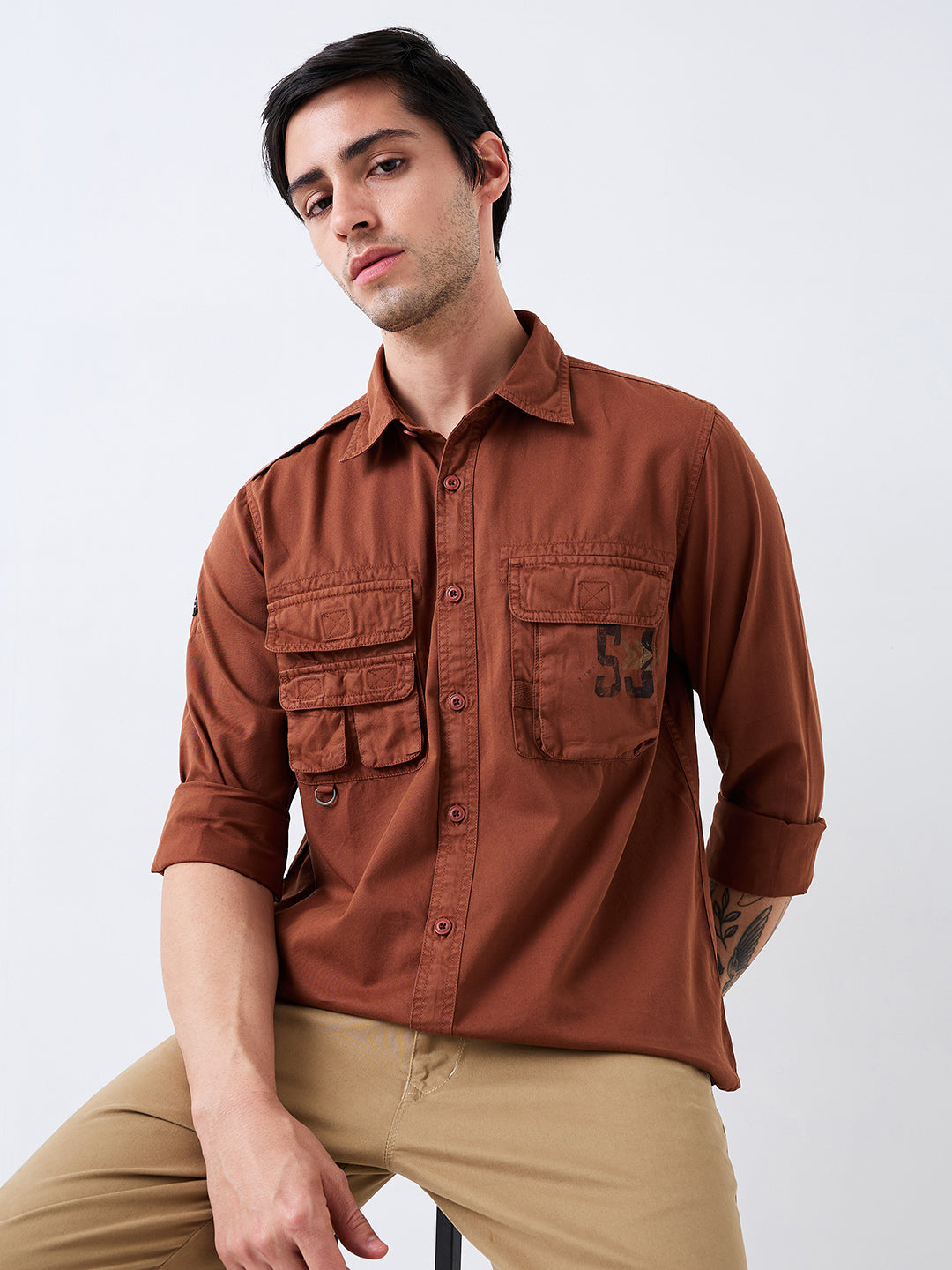 Spykar Brown Slim Fit Solid Full Sleeve Shirt For Men