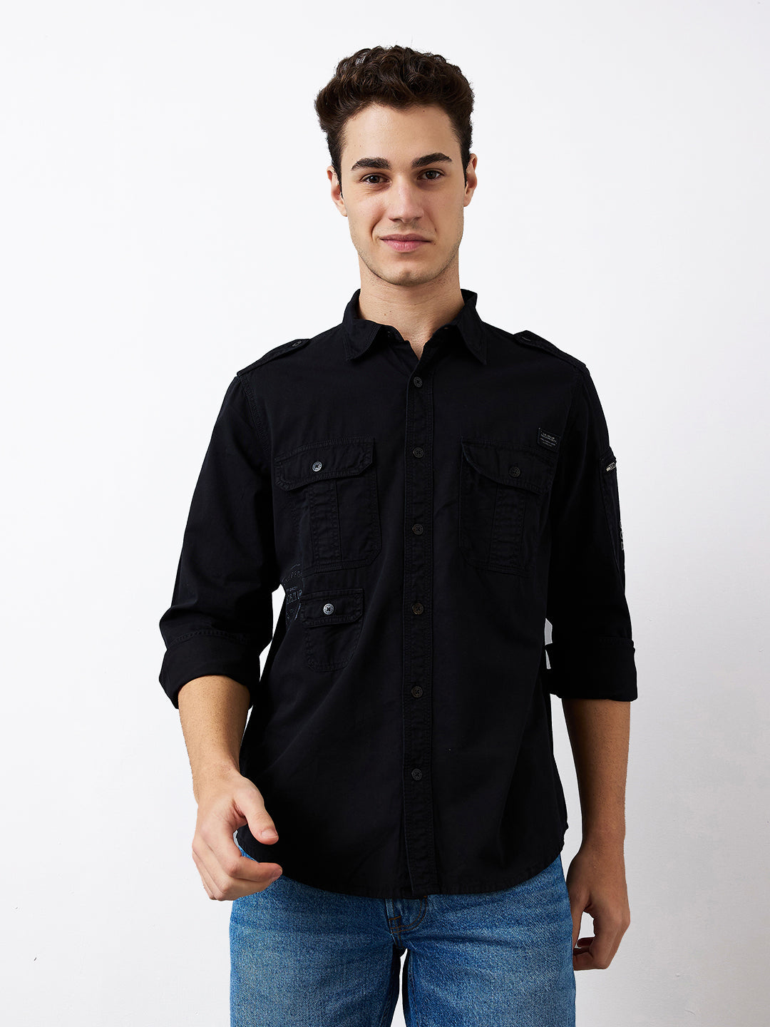 Spykar Black Slim Fit Solid Full Sleeve Shirt For Men