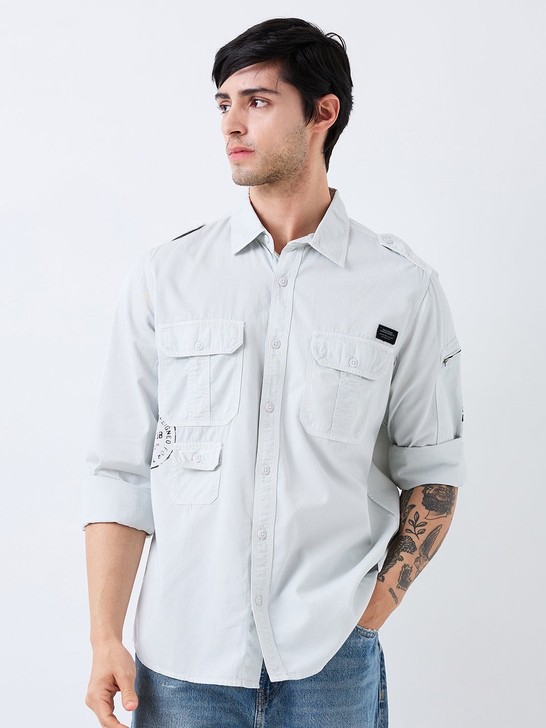 Spykar Grey Slim Fit Solid Full Sleeve Shirt For Men