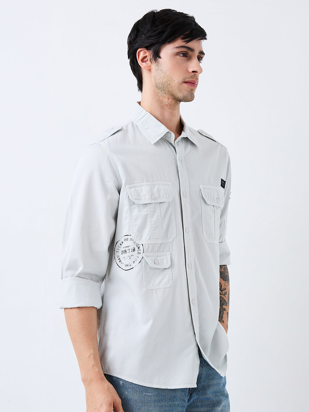 Spykar Grey Slim Fit Solid Full Sleeve Shirt For Men