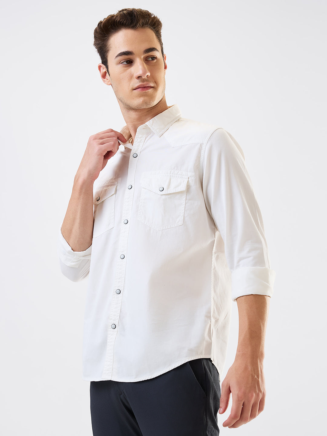 Spykar White Slim Fit Solid Full Sleeve Shirt For Men