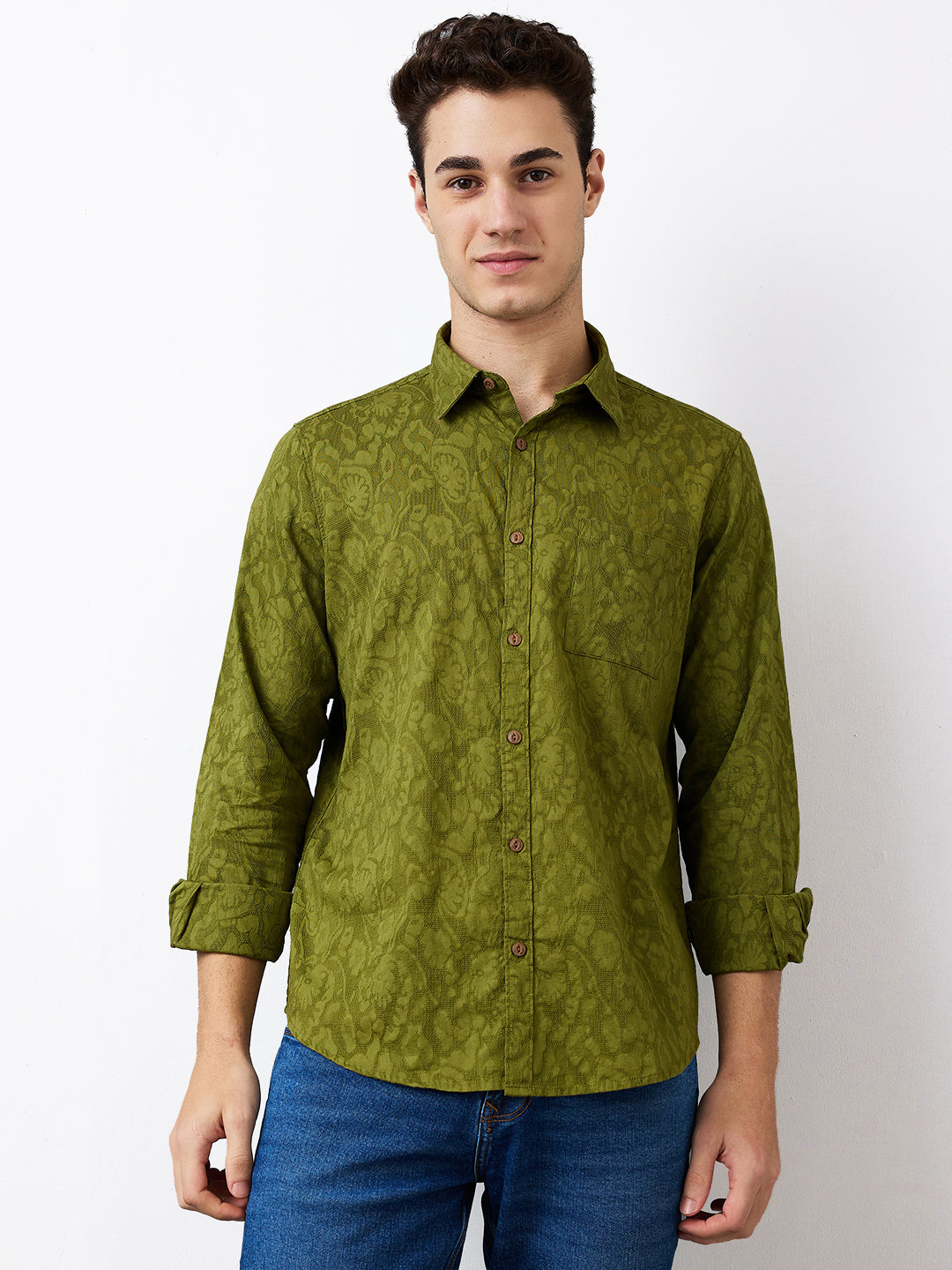 Spykar Green Slim Fit Solid Full Sleeve Shirt For Men