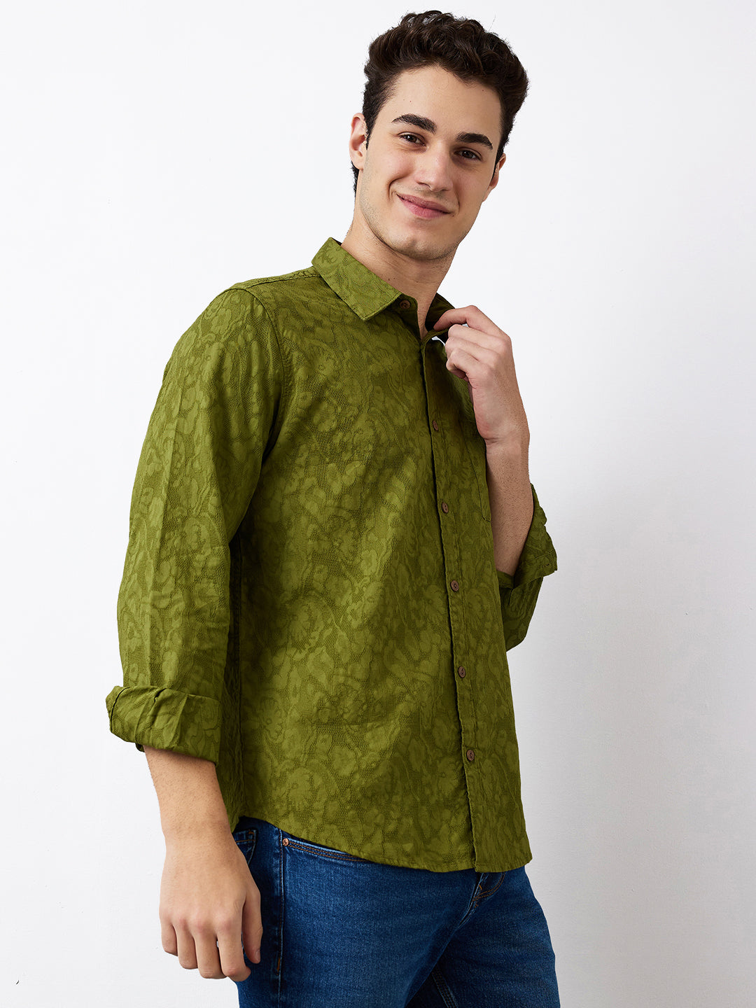 Spykar Green Slim Fit Solid Full Sleeve Shirt For Men