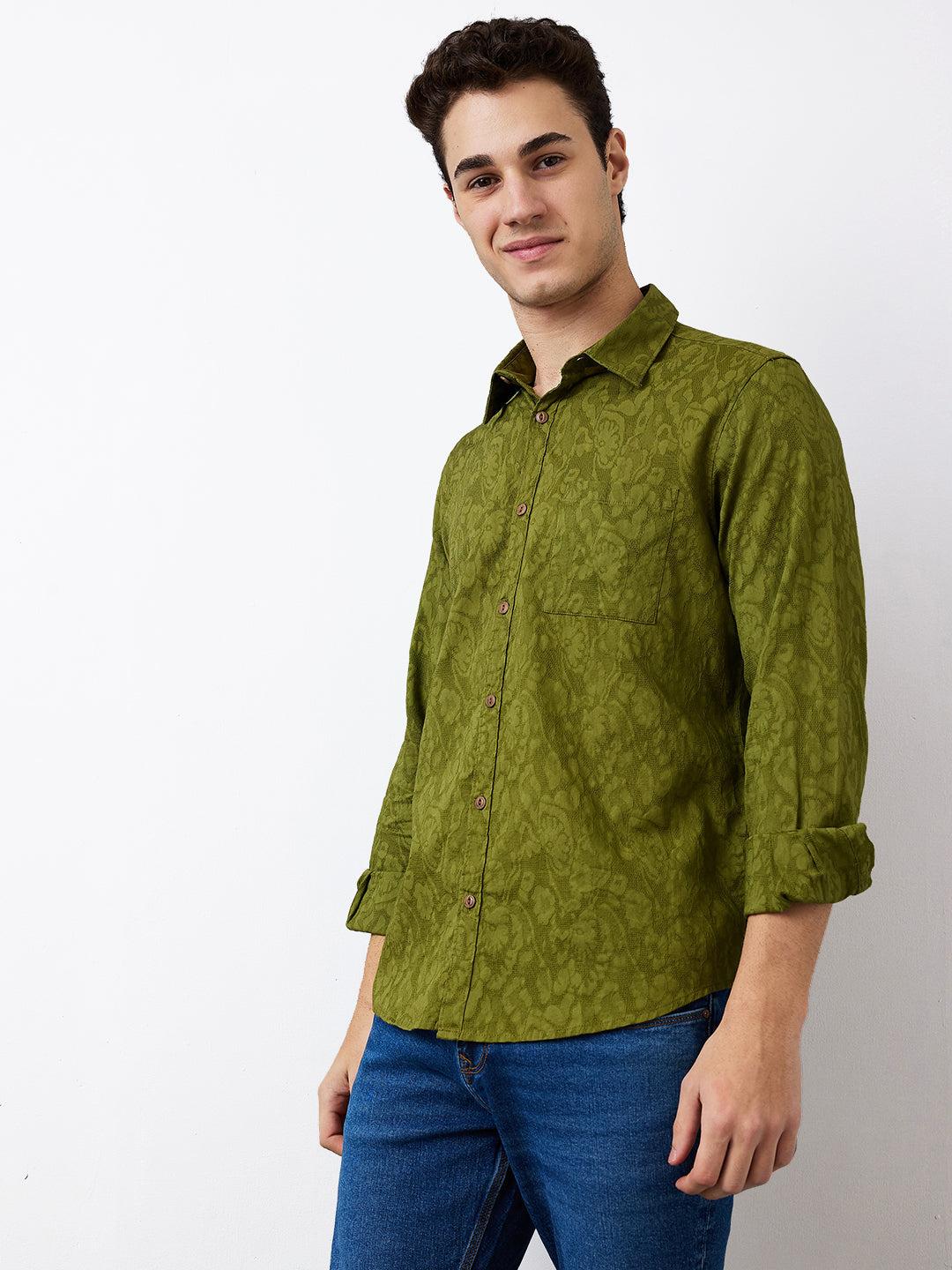 Spykar Green Slim Fit Solid Full Sleeve Shirt For Men