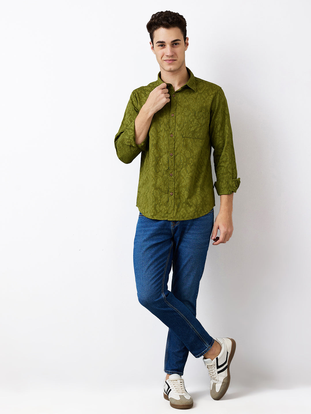 Spykar Green Slim Fit Solid Full Sleeve Shirt For Men