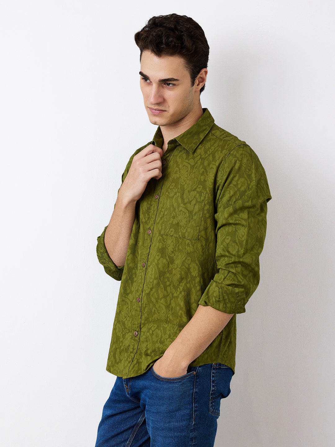 Spykar Green Slim Fit Solid Full Sleeve Shirt For Men