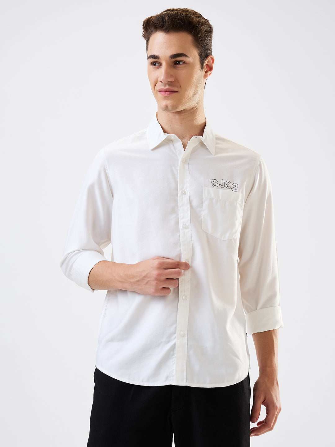 Spykar White Slim Fit Solid Full Sleeve Shirt For Men