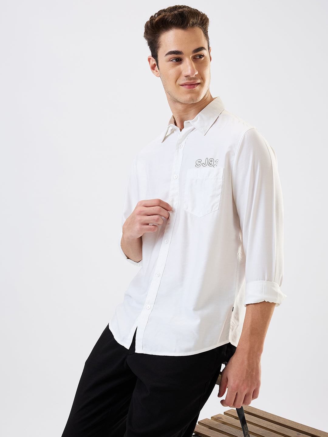 Spykar White Slim Fit Solid Full Sleeve Shirt For Men