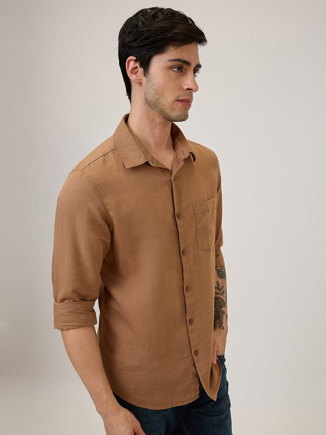 Spykar Slim Fit Brown Solid Casual Shirt For Men