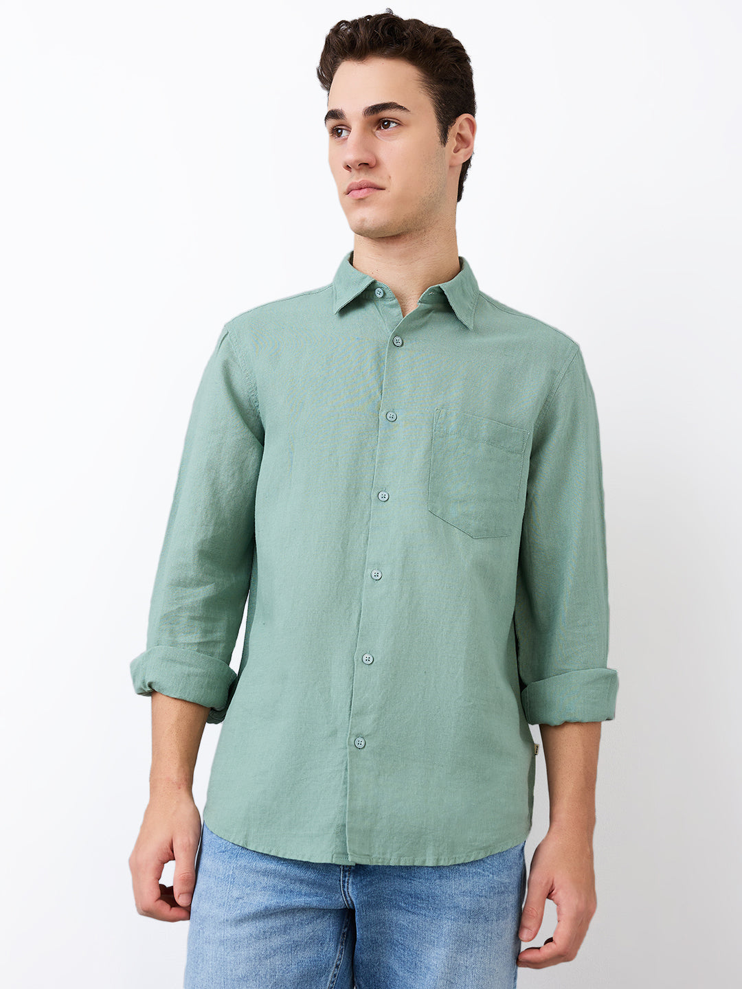 Spykar Green Slim Fit Solid Full Sleeve Shirt For Men