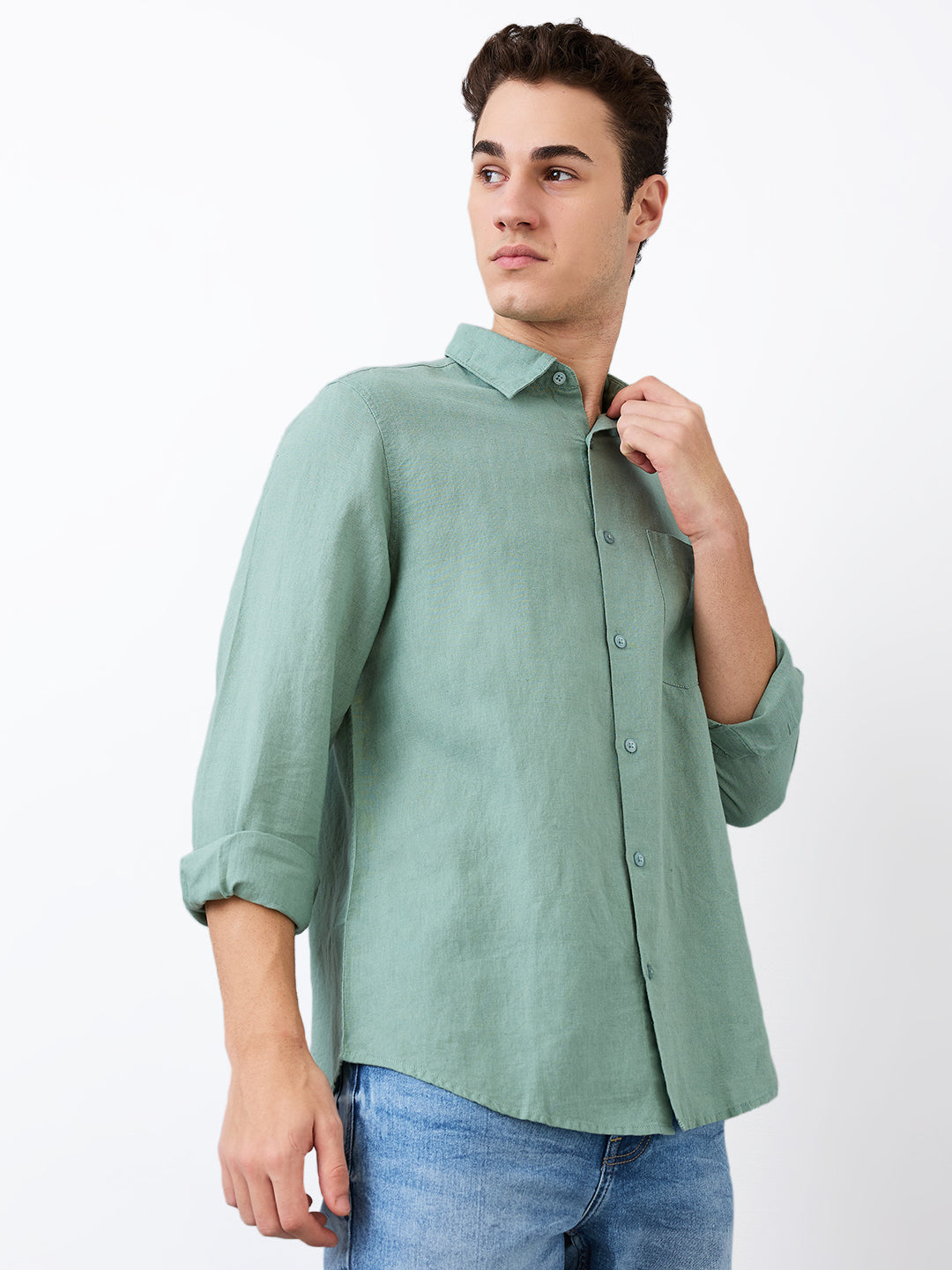 Spykar Green Slim Fit Solid Full Sleeve Shirt For Men