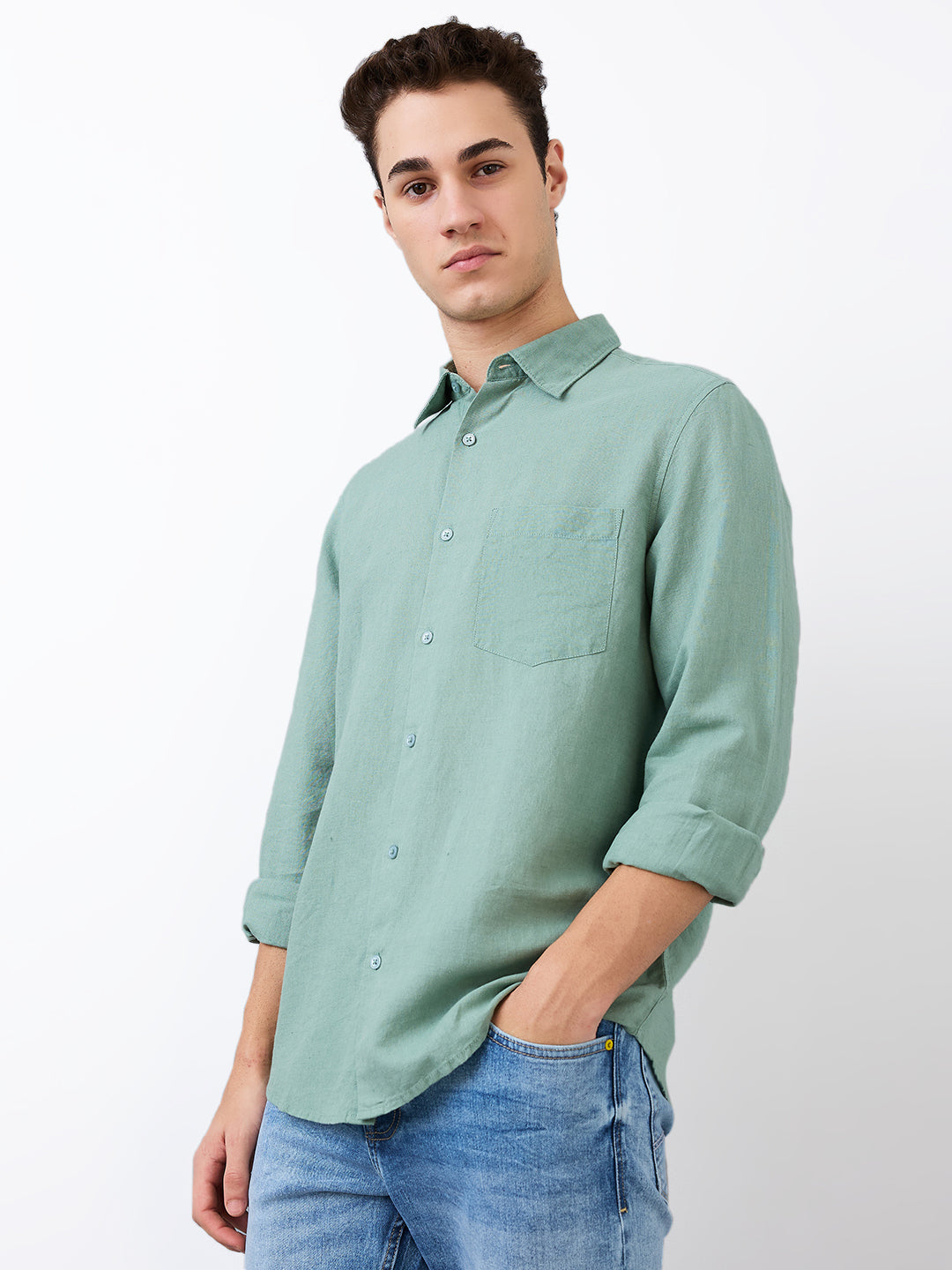 Spykar Green Slim Fit Solid Full Sleeve Shirt For Men