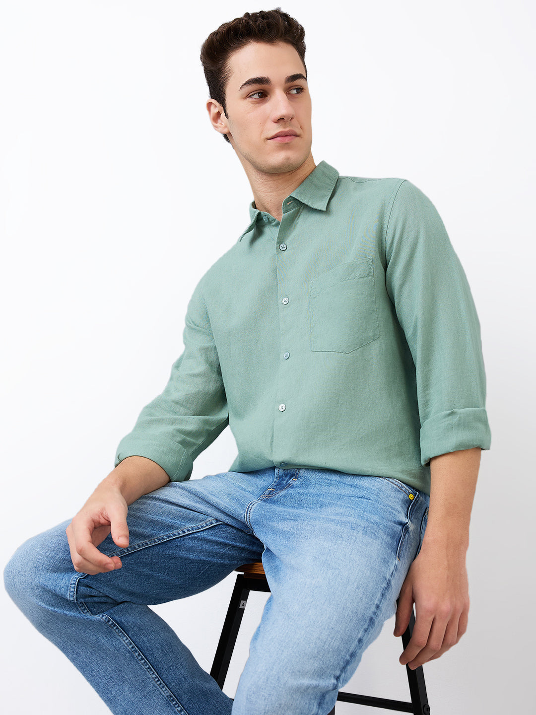 Spykar Green Slim Fit Solid Full Sleeve Shirt For Men