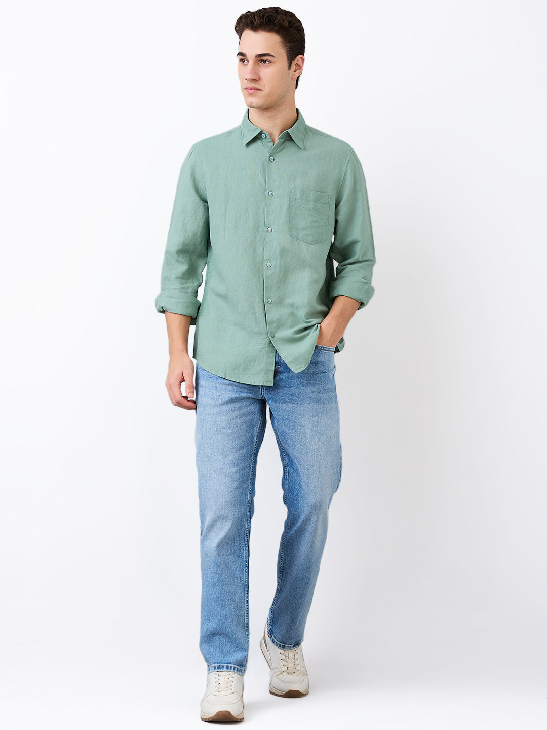 Spykar Green Slim Fit Solid Full Sleeve Shirt For Men