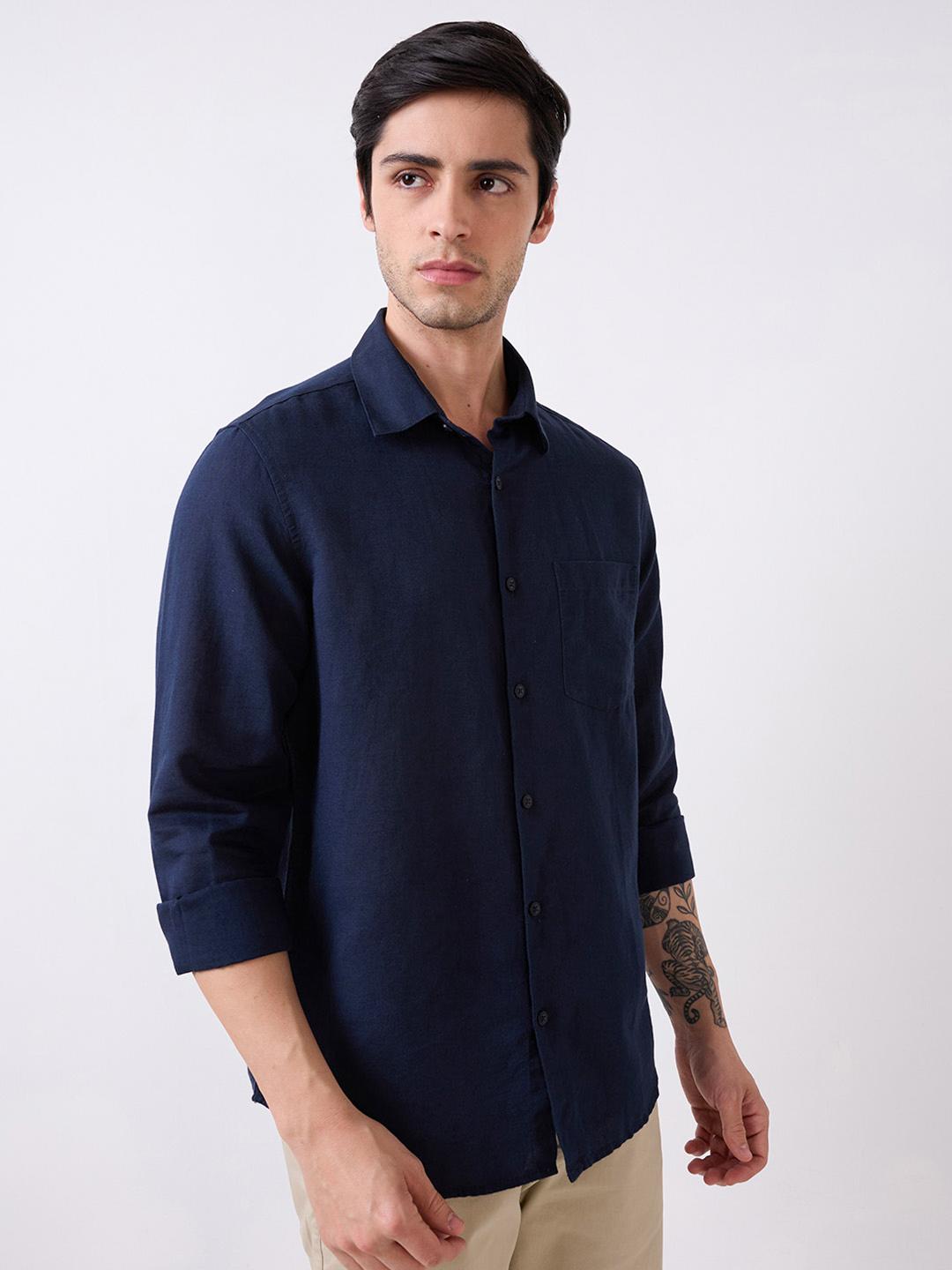 Spykar Blue Full Sleeves Slim Fit Solid Shirt For Men