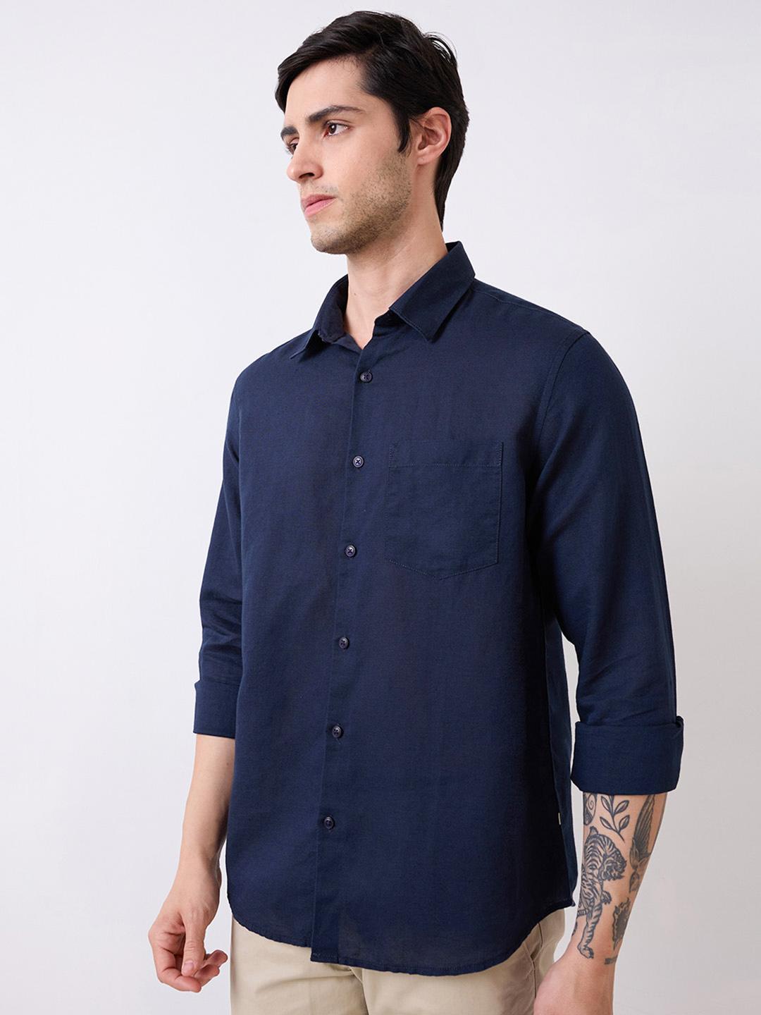 Spykar Blue Full Sleeves Slim Fit Solid Shirt For Men