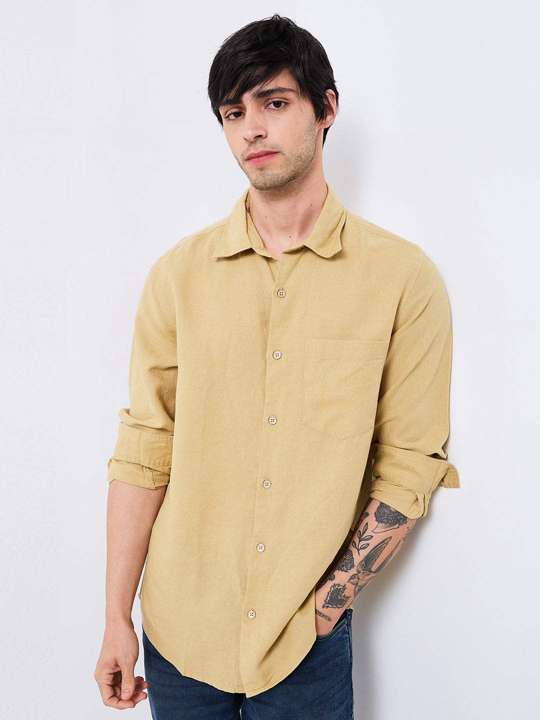 Men Khaki Slim Fit Solid Full Sleeve Shirt