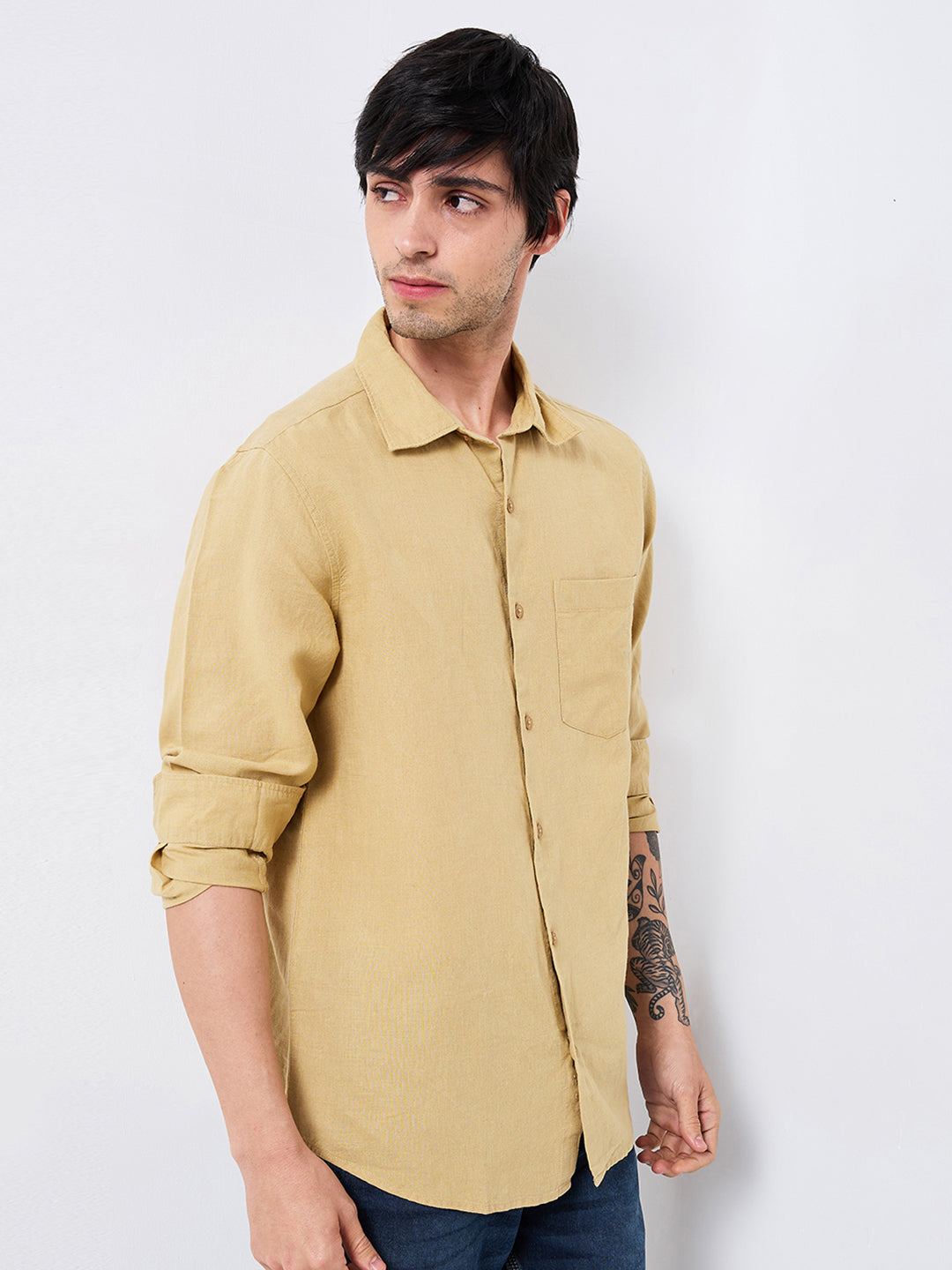 Spykar Khaki Slim Fit Solid Full Sleeve Shirt For Men