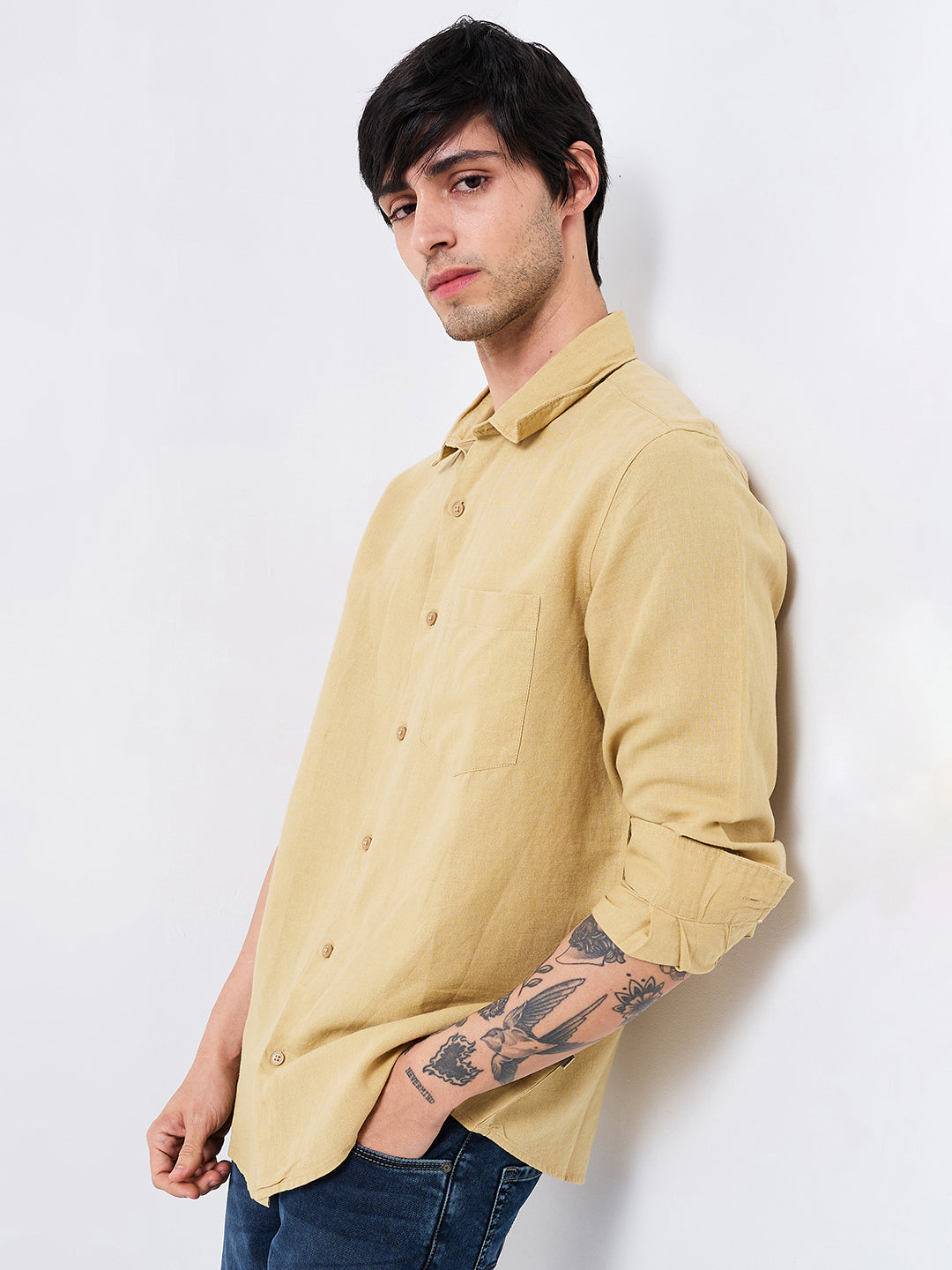 Spykar Khaki Slim Fit Solid Full Sleeve Shirt For Men