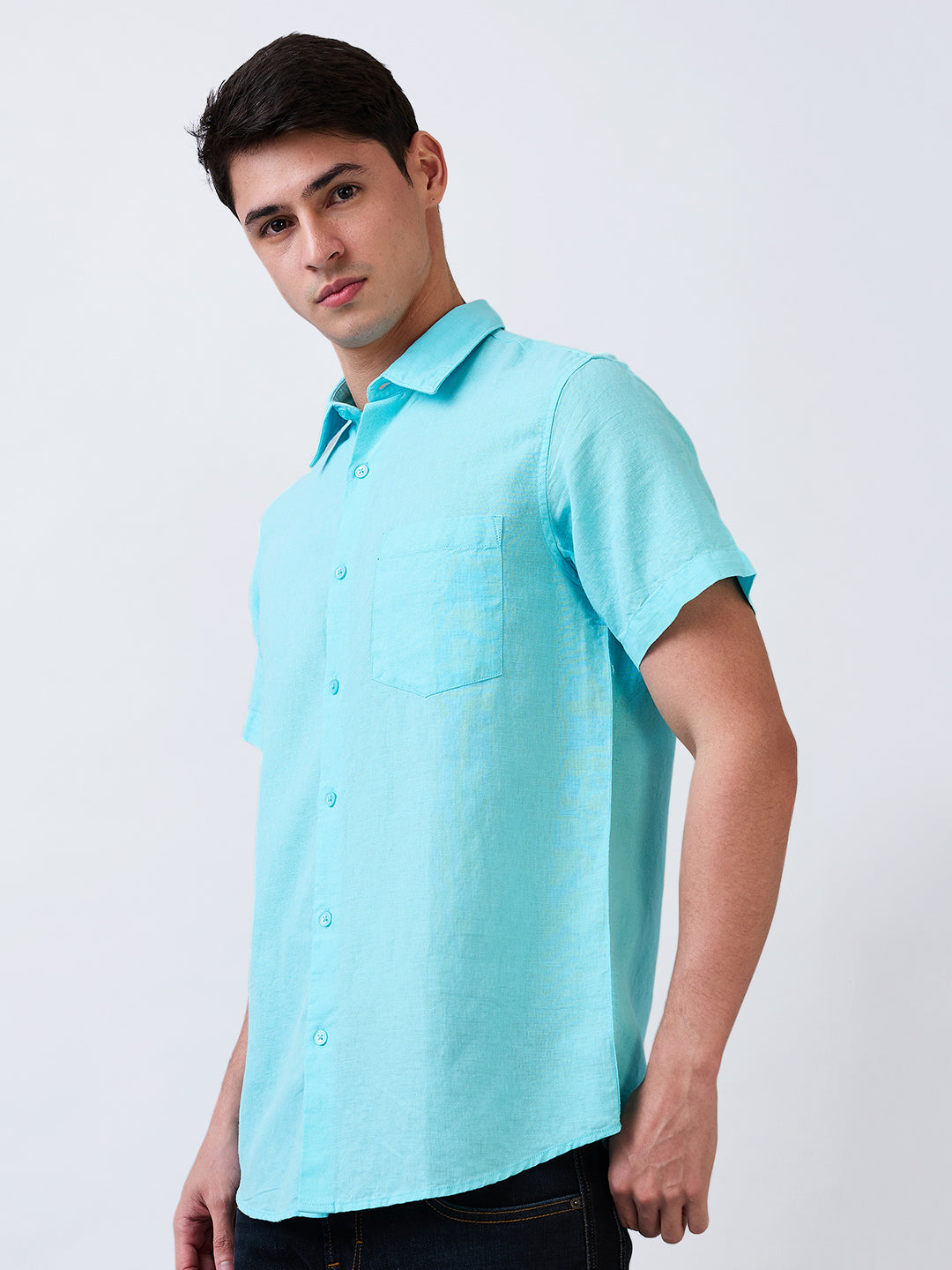 Spykar Blue Slim Fit Solid Half Sleeve Shirt For Men