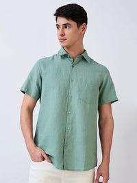 Men Green Slim Fit Solid Half Sleeve Shirt