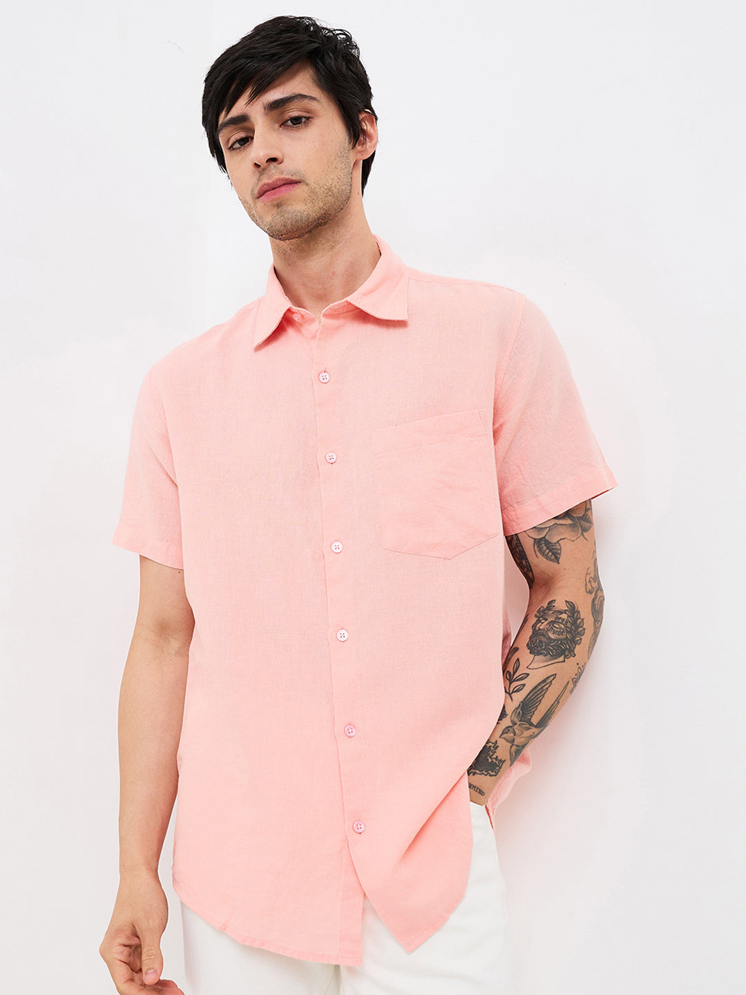 Spykar Pink Slim Fit Solid Half Sleeve Shirt For Men