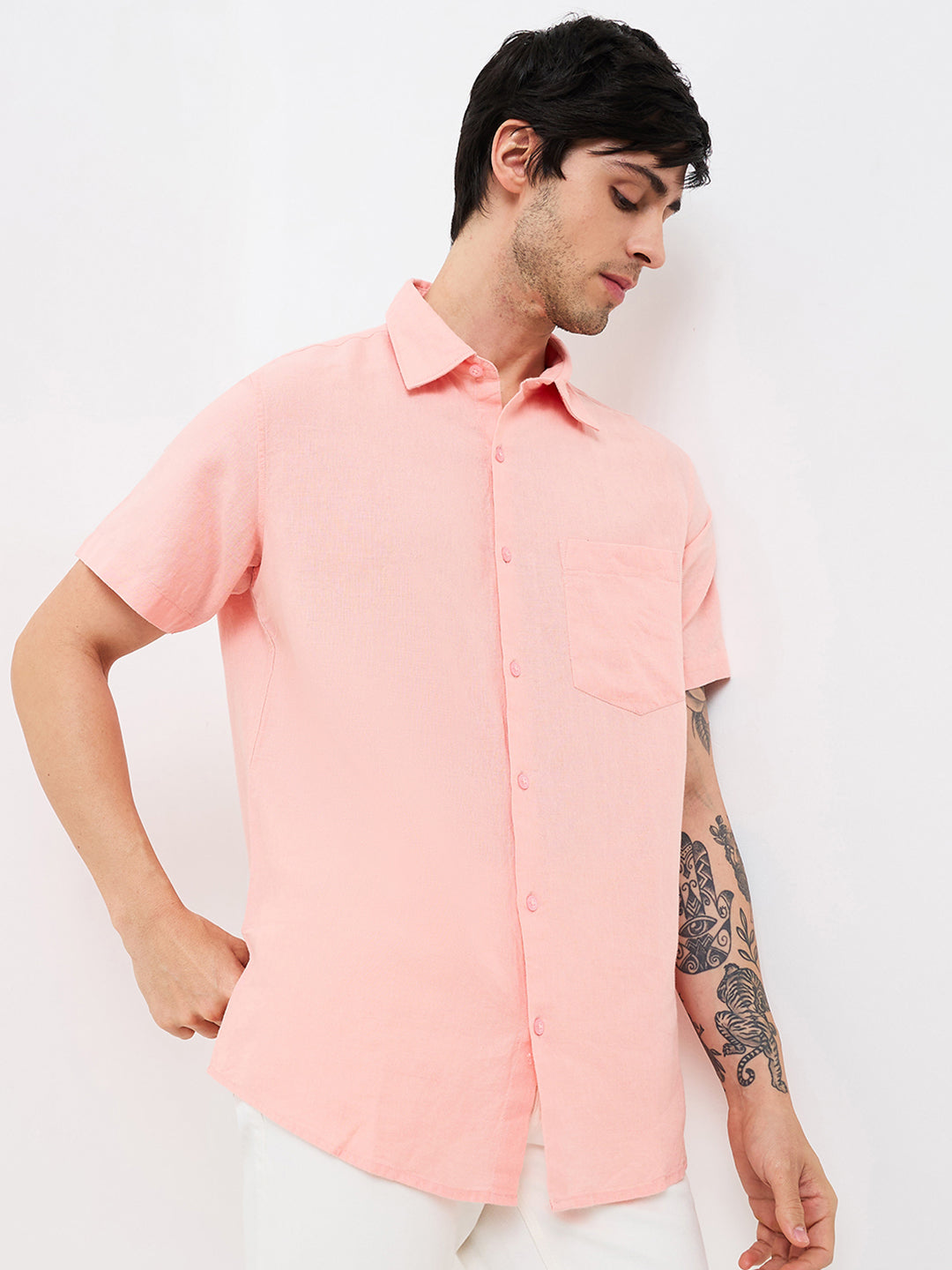 Spykar Pink Slim Fit Solid Half Sleeve Shirt For Men