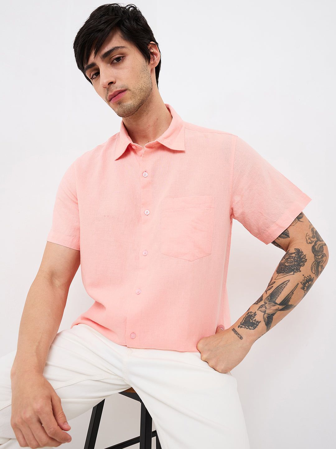 Spykar Pink Slim Fit Solid Half Sleeve Shirt For Men