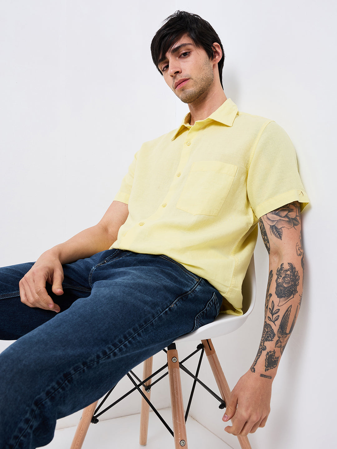 Spykar Yellow Slim Fit Solid Half Sleeve Shirt For Men