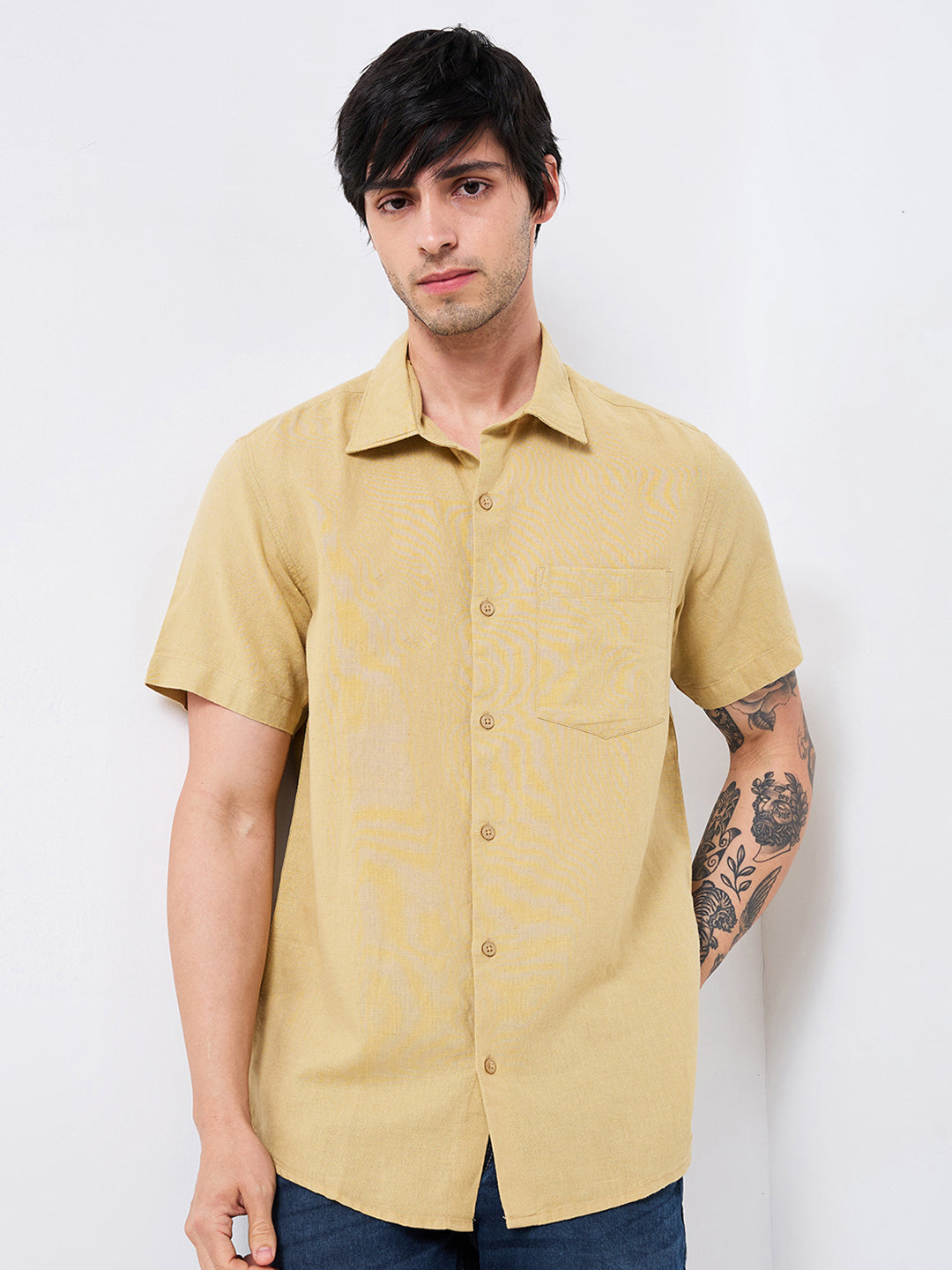 Men Khaki Slim Fit Solid Half Sleeve Shirt