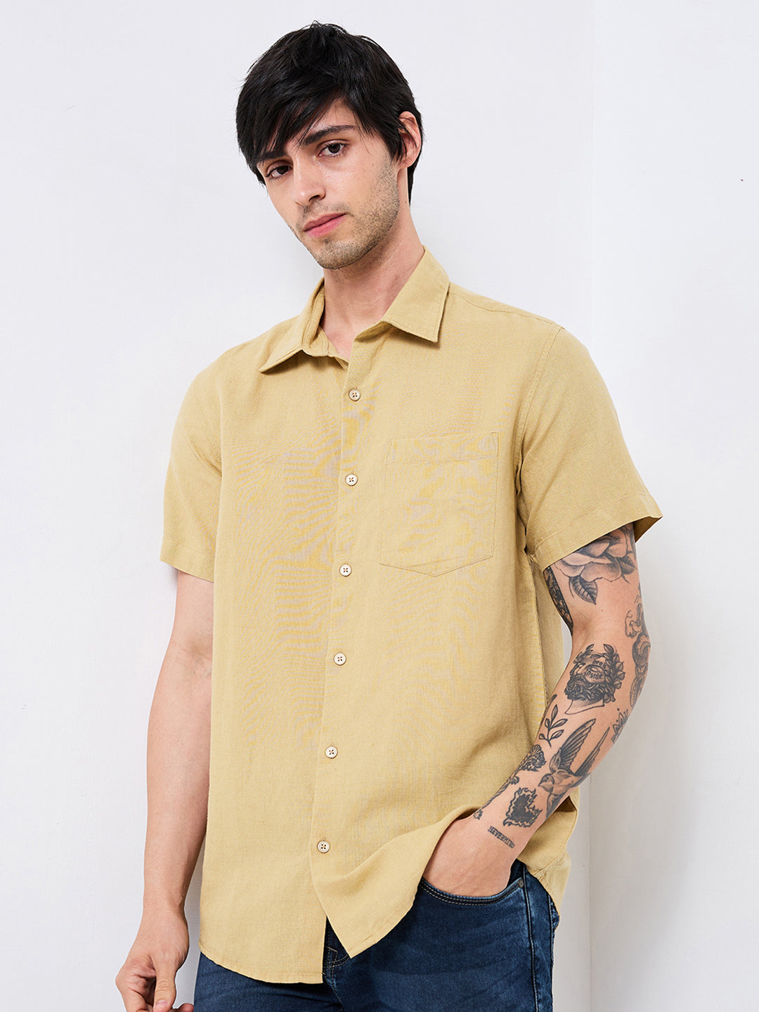 Spykar Khaki Slim Fit Solid Half Sleeve Shirt For Men