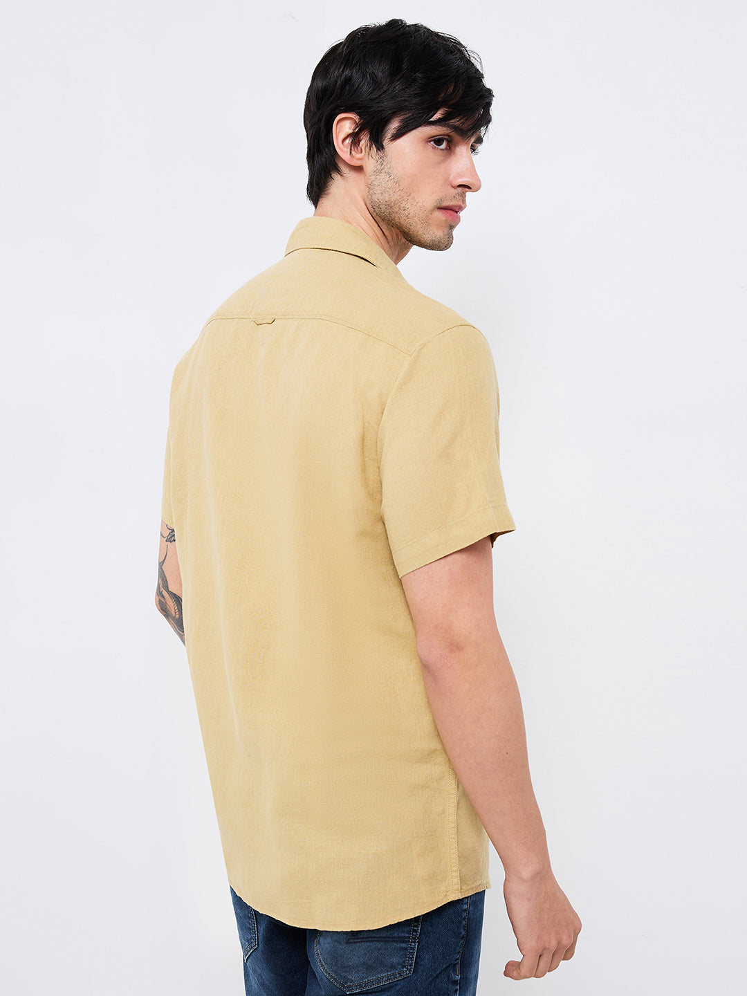 Spykar Khaki Slim Fit Solid Half Sleeve Shirt For Men