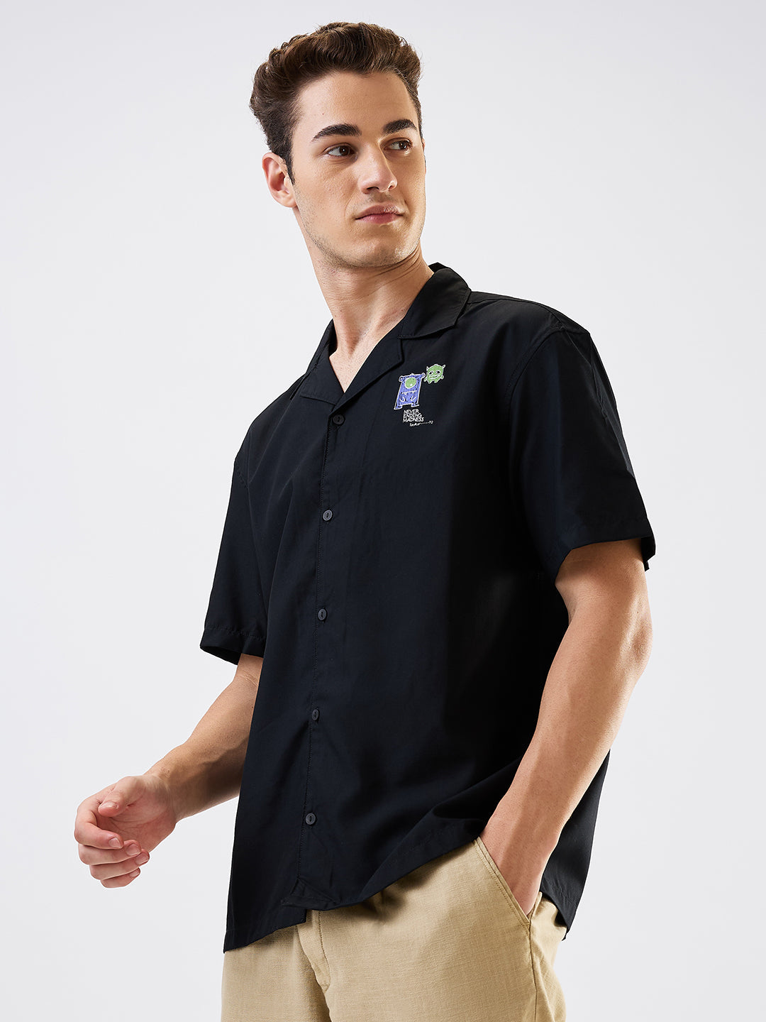 Spykar Black Relaxed Fit Solid Half Sleeve Shirt For Men