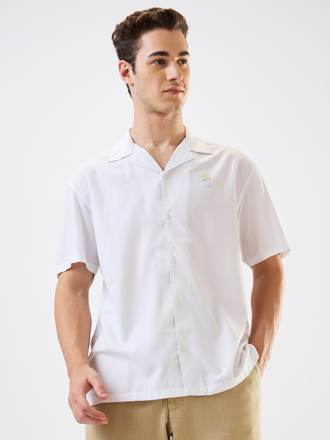 Spykar White Relaxed Fit Solid Half Sleeve Shirt For Men