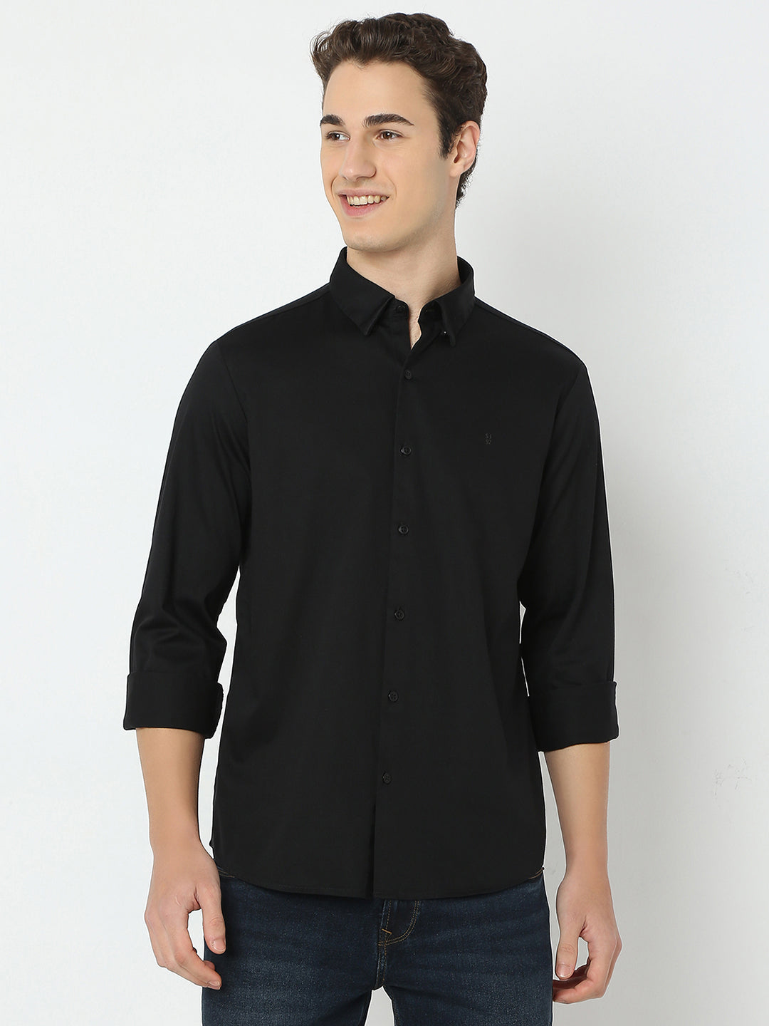 Spykar Black Slim Fit Solid Full Sleeve Shirt For Men