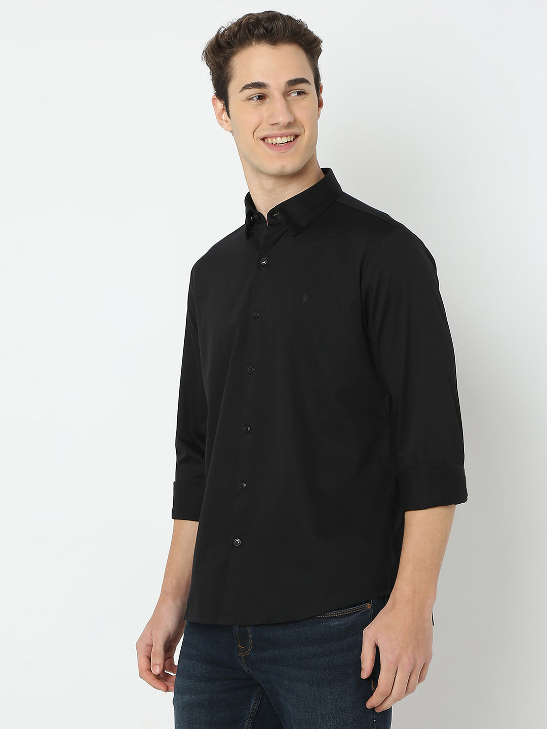 Spykar Black Slim Fit Solid Full Sleeve Shirt For Men