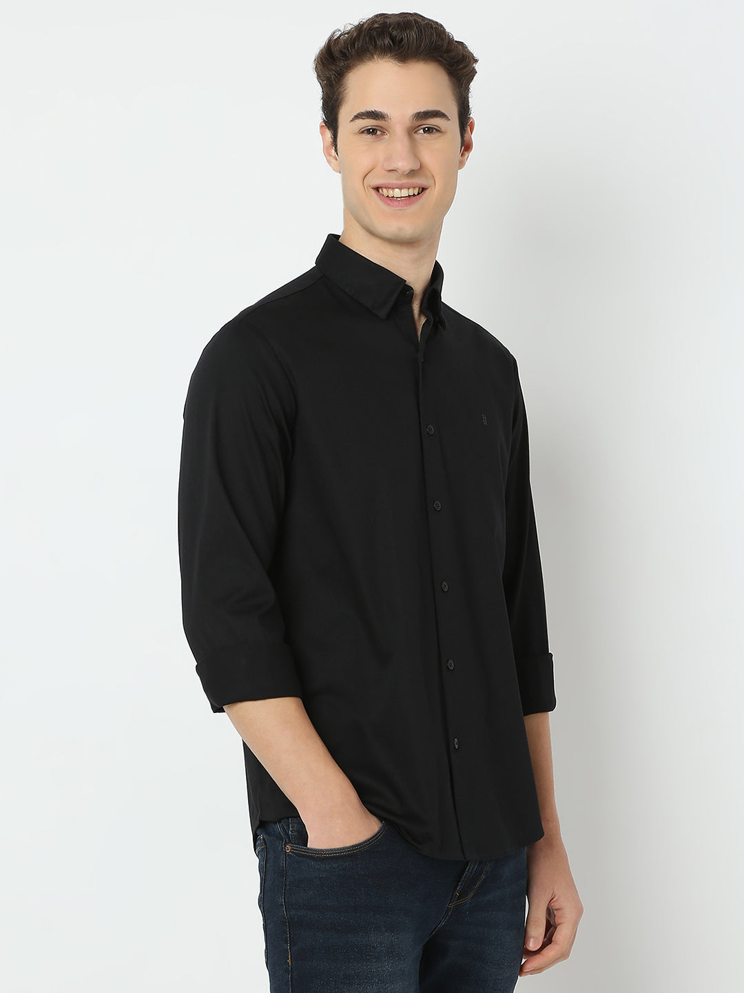 Spykar Black Slim Fit Solid Full Sleeve Shirt For Men